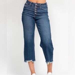 NWT- Judy Blue Dark Blue Cropped Button-Fly High-rise wide-leg Jeans